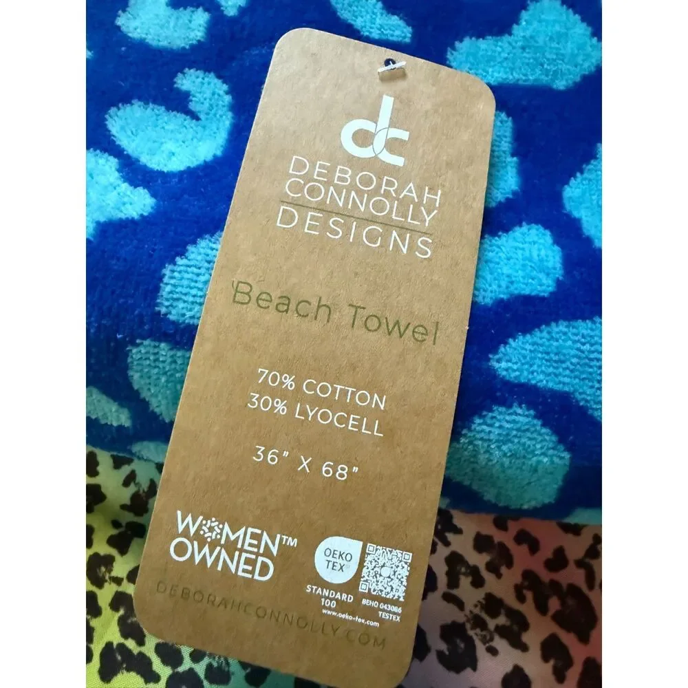 Deborah Connolly Designs Blue Leopard Print Beach Towel NWT 36x68 Cotton Lyocell